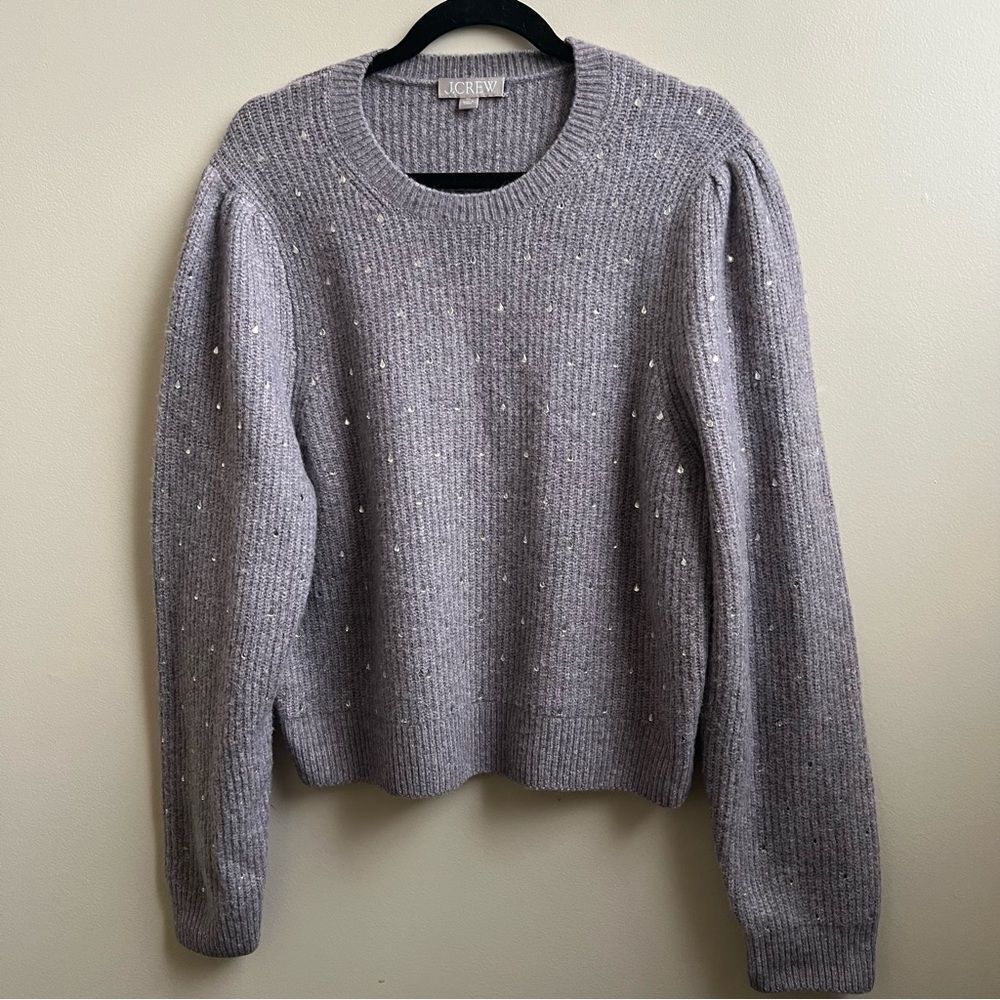 J.Crew Puff-sleeve rhinestone sweater in Supersoft yarn lilac gray Size XL